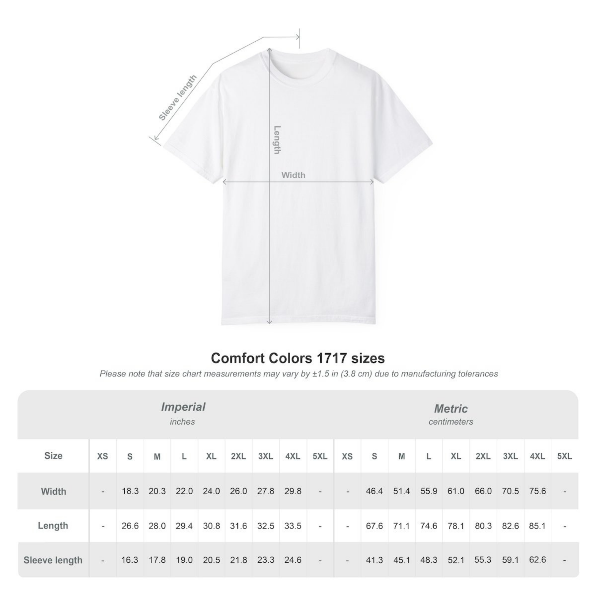 Comfort Colors 1717 size chart with width, length, and sleeve measurements in both inches and centimeters, displayed on a white t-shirt mockup